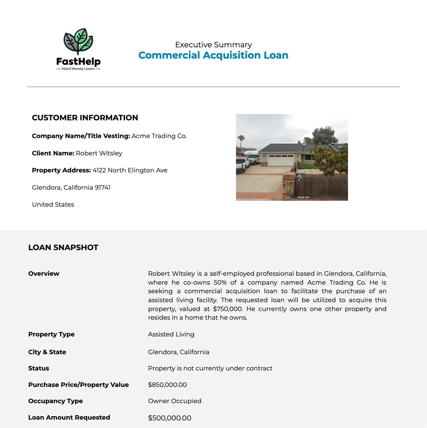 AI-generated executive summary PDF — Commercial Acquisition Loan, populated from the borrower intake record