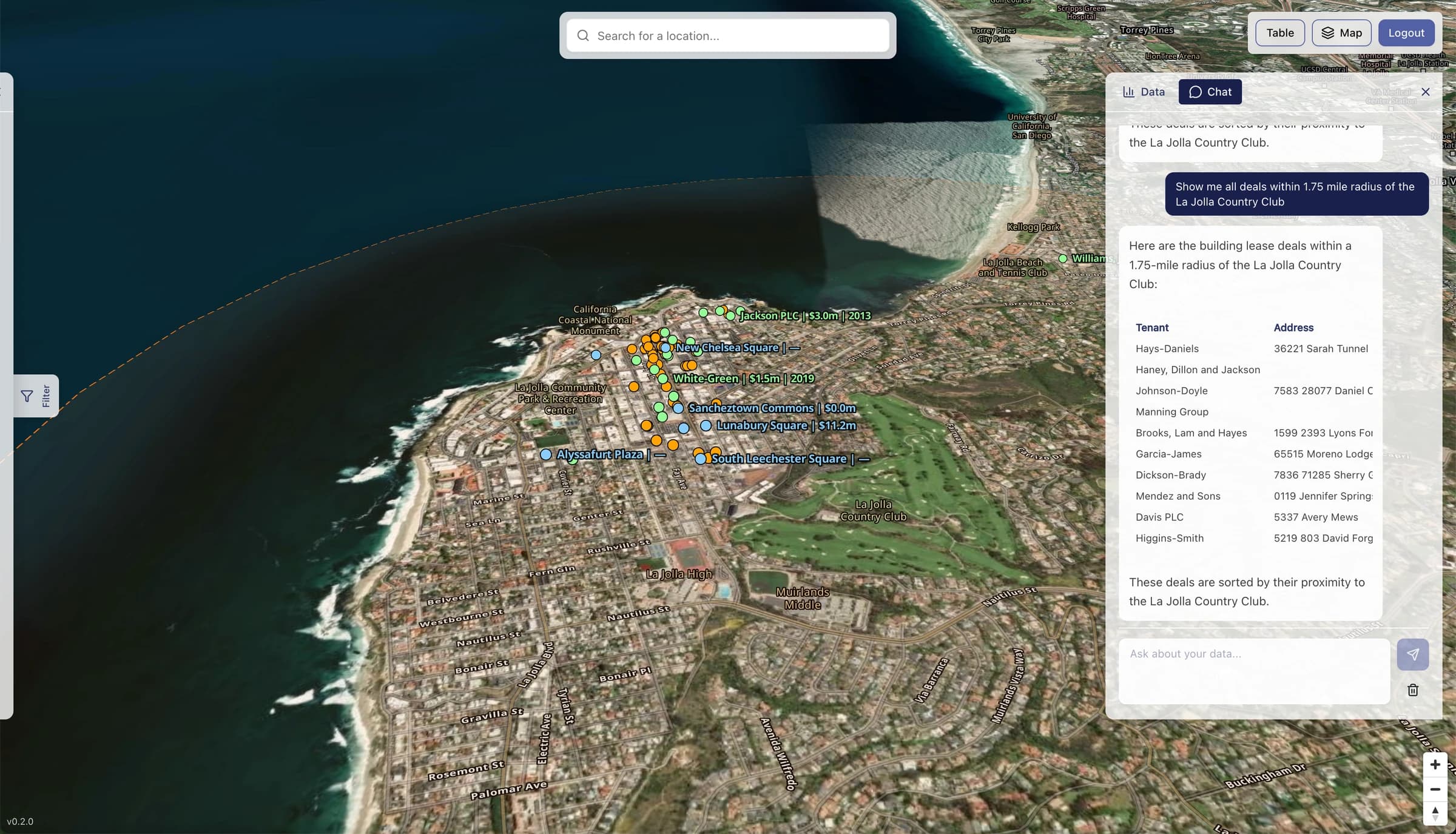 AI Chat Agent — radius search around La Jolla Country Club with tenant results