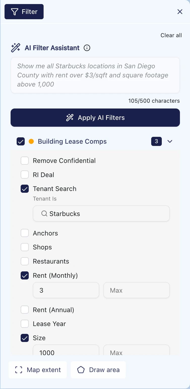 AI Filter Agent — Starbucks query with filters for tenant, rent, and square footage
